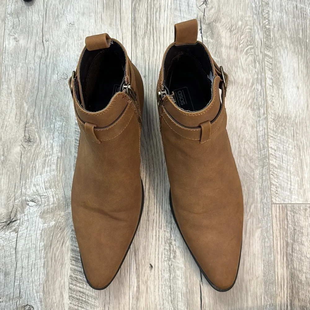 ASOS Tan Camel Buckle Strap Pointed Toe Ankle Booties